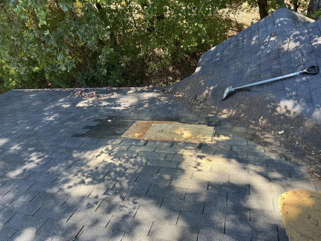 Damaged section of a NW Georgia roof before repair