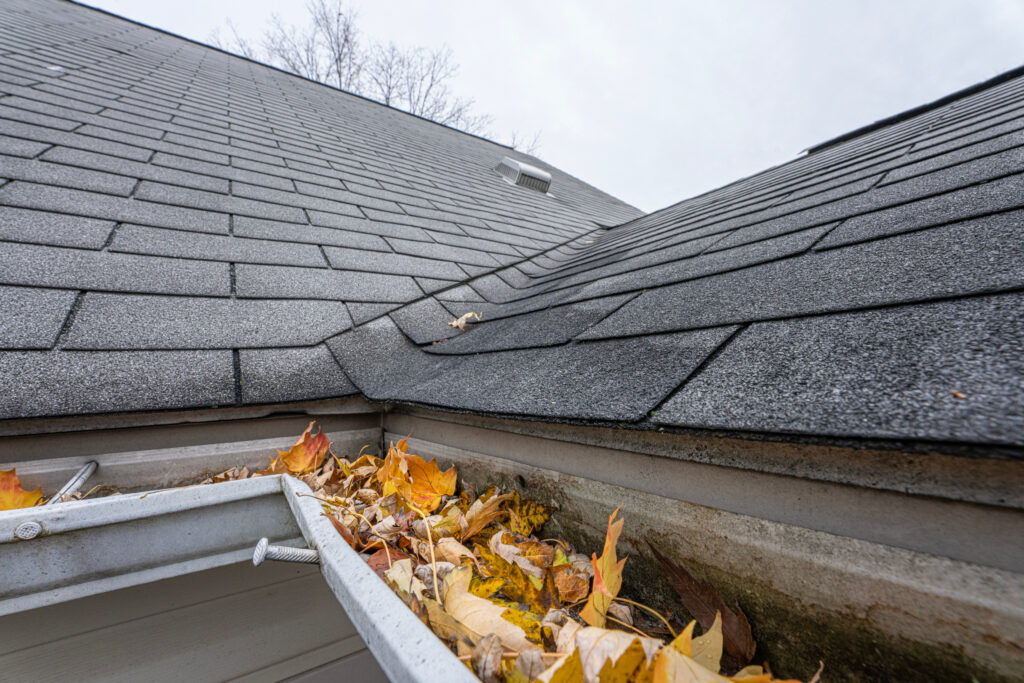 Gutters packed with fall leaves and ice along a roofline — the clogged-gutter condition that October gutter cleaning clears to save fascia