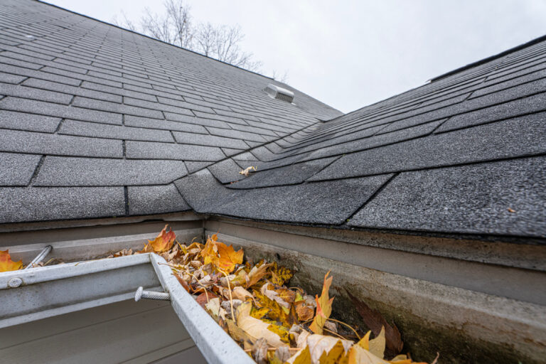 Gutters packed with fall leaves and ice along a roofline — the clogged-gutter condition that October gutter cleaning clears to save fascia