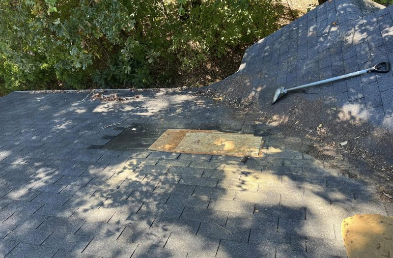 Damaged section of a NW Georgia roof before repair