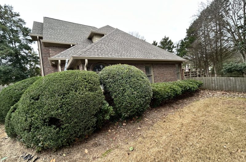 Finished dark shingle roof on a large brick home